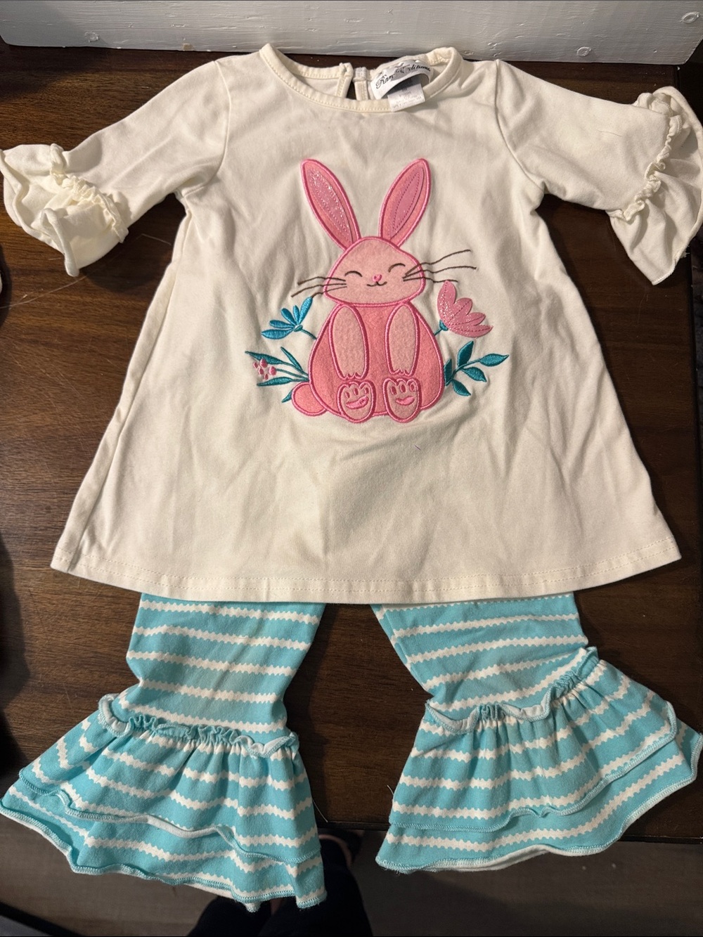 Kids Easter Bunny Top & Blue Striped Ruffle Pants Set